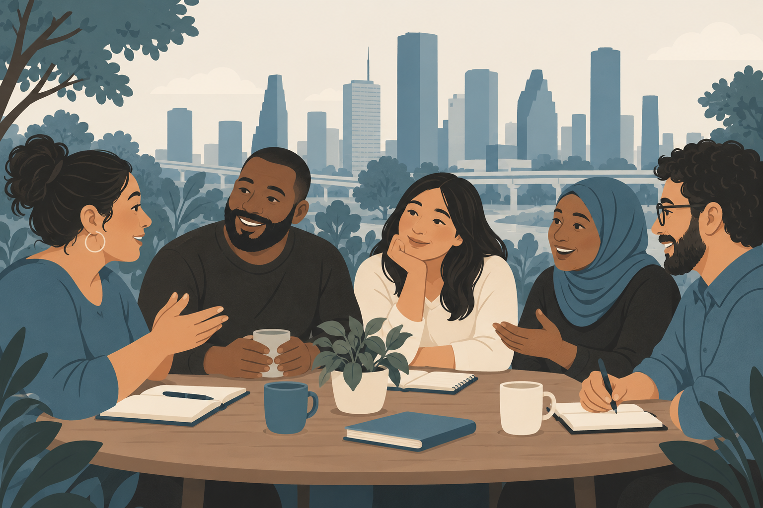 Illustration of parents talking together around a table